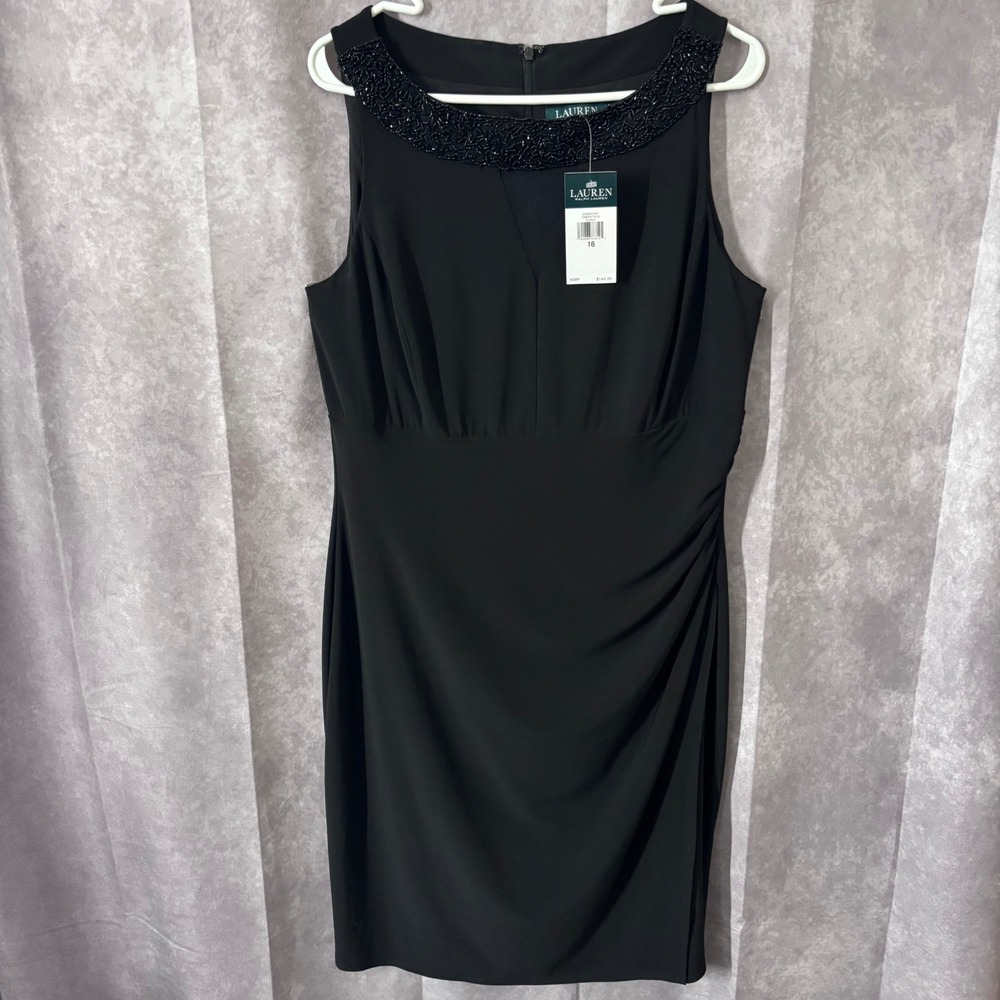NWT Lauren Ralph Lauren Beaded Neck Sheath Dress Womens Plus Size 16 Black LBD